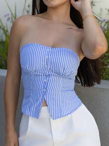 Andrea Bello Summer Casual Commuting Sky Blue Striped Front Button Tube Top Hot Girl Tops, Sexy Tops, Holiday Tops - Multicolor - View 6