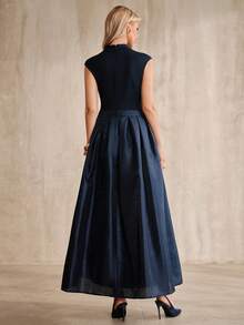 Anewsta Women's Navy Blue And Gold And Elegant Elegant Patchwork A-Line Dress Dinner Cocktail Summer - Navy Blue - View 3