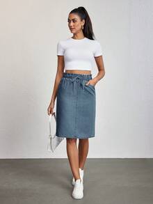 SHEIN Tall 女款時尚百搭口袋綁帶休閒牛仔裙 - 藍色 - 查看 6
