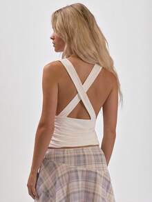 MUSERA Draped Cowl Neck Cross Back Top With Ruched Sides Summer Girly Everyday Party Y2k Soft Social - White - View 4