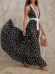Solivie Women's Polka Dot Deep V-Neck Fashion Party Vacation Dress Black White Summer Boho Elegant - Black - View 5