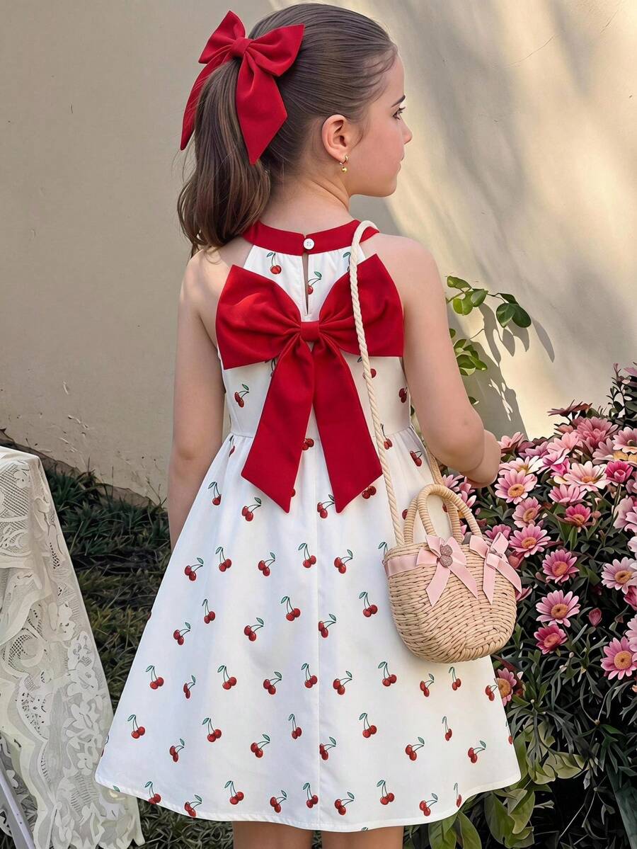 Elladie kids 女童乳白色3D花卉裝飾掛脖洋裝，優雅公主風，適合宴會／生日派對穿搭，適配日常度假氛圍／派對家庭聚會吸睛造型，夏季