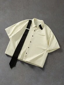 ROMWE MEN Men's Tie Patchwork Loose Short Sleeve Shirt - Apricot - View 5
