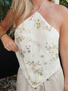 Summer Sherwood 女款亮片刺繡露背掛脖上衣，米色，夏季，70年代復古，夜生活，派對優雅海灘度假，休閒假期，婚禮賓客，正式場合 - 杏色 - 查看 3