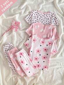 3 Sets Randomly Send 2 Sets Spring Summer Squishy Girls Toddler Outfit Fresh Cute Polka Dot Heart Flower Print Tight Comfortable Short Sleeve Long Pants Loungewear - Orange - View 2
