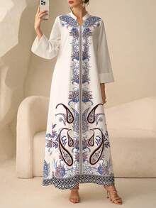 Al Najma Women's Elegant Modest Matching White Printed Dress With Small Stand Collar Shallow V-Neckline Foldable Cuffs Large Hem Floral Pattern Formal Winter - White - View 3