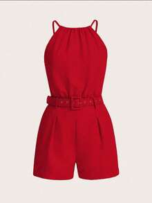 EMERY ROSE Women's Summer Solid Color Pleated Casual Pocketed Halter Romper For New Year Clothes - Red - View 4