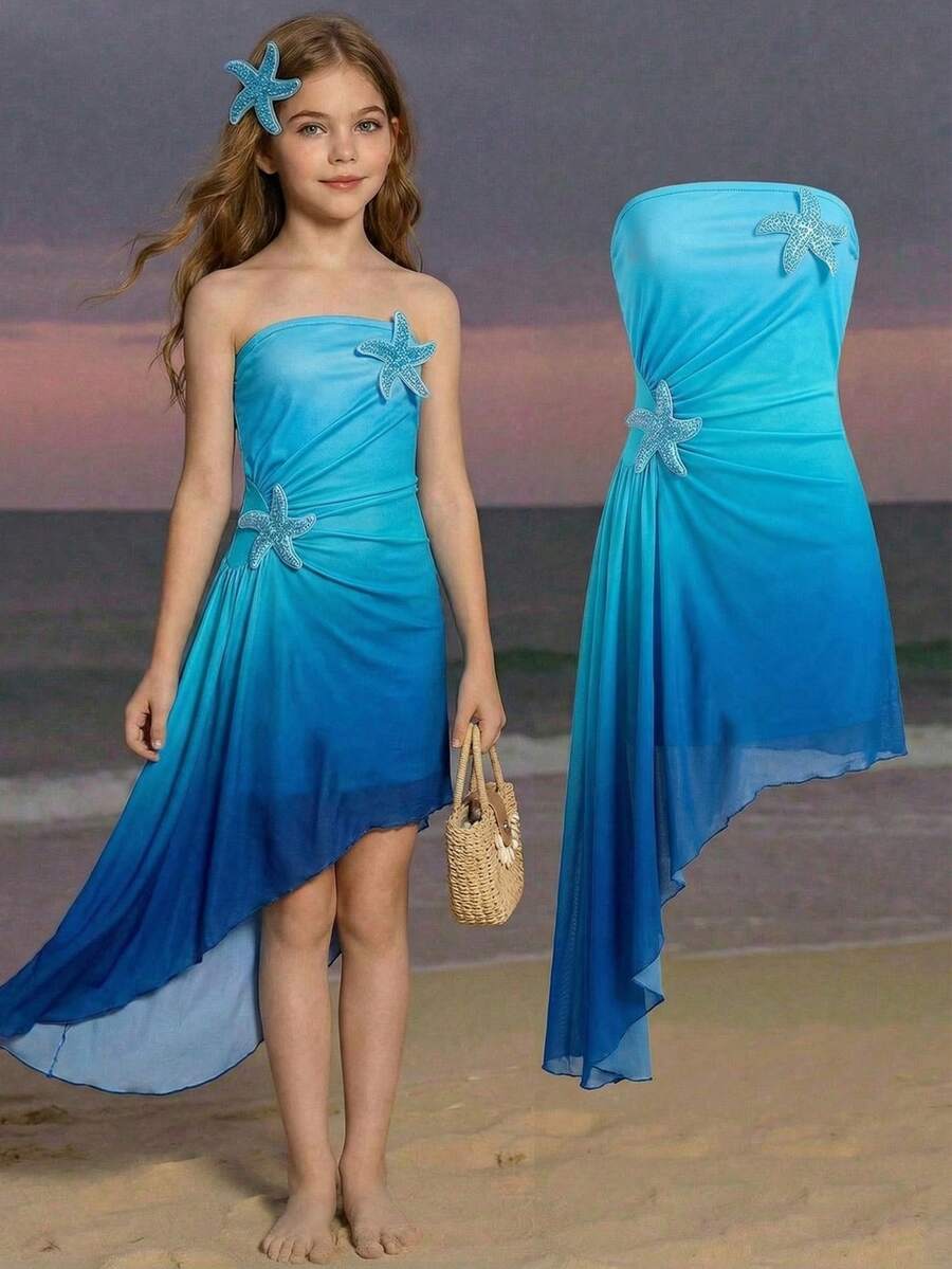 SHEIN 少女时尚优雅渐变蓝色无肩带连衣裙 - 藍色 - 查看 1