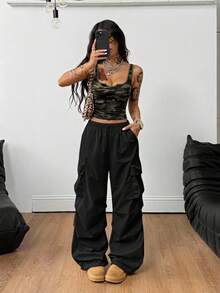 Coolane Women's Summer Streetwear Boyfriend Athleisure Grunge Sportswear Vintage Western Wear Y2K Low Rise Parachute Black Cargo Pants - Black - View 6