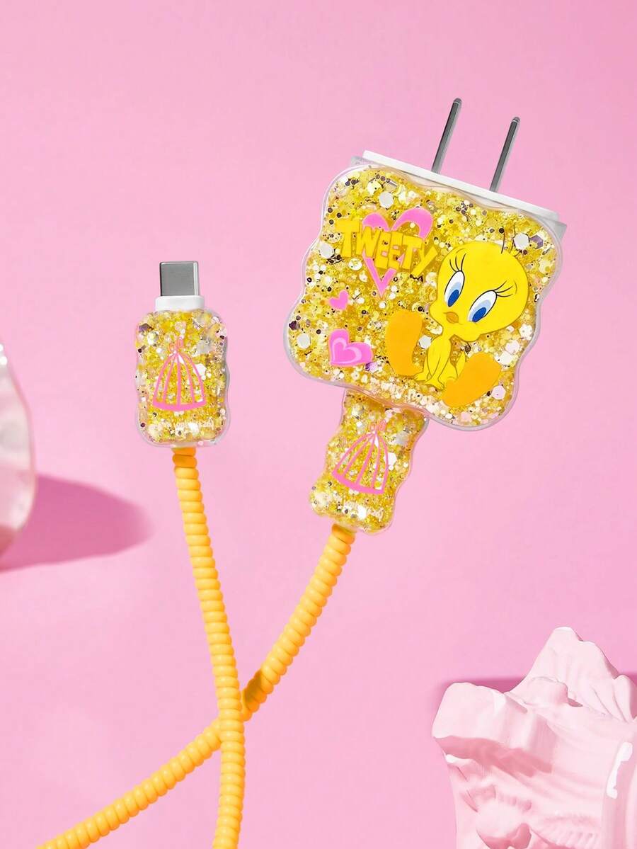 LOONEY TUNES X SHEIN 數據線保護套,適用於 iPhone 充電器,4 件組手機線材保護套,充電器保護套(不含數據線) - 黃色 - 查看 1