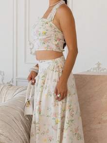 Andrea Bello Women's Ditsy Floral Backless Top And Skirt Set, Summer Outfit Elegant - Apricot - View 4
