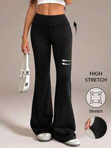 SHEIN Tall Women's Solid Color Slim Fit Versatile Daily Wear Flare Pants - Black - View 6