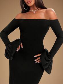 Radiana Women's Sexy Elegant 3D Puff Sleeve Cold Shoulder Black Long Fitted High Elastic Ribbed Knit Dress, Date Dinner Night Party Banquet Evening Ball Autumn - Black - View 9