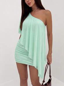 Aloruh Women's Solid Color One-Shoulder Mini Beach Vacation Dress For Vacation Mint Green Summer Sexy Tropical - Mint Green - View 7