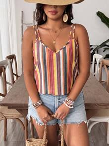 SHEIN VCAY Plus Size Summer Color Block Striped Casual Boho Tank Top Beach Bussines Yellow - Multicolor - View 4