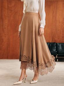 Anewsta Rok Wanita Modern Tebal Motif Bunga Patchwork Suede Velvet - Coffee Brown - View 3