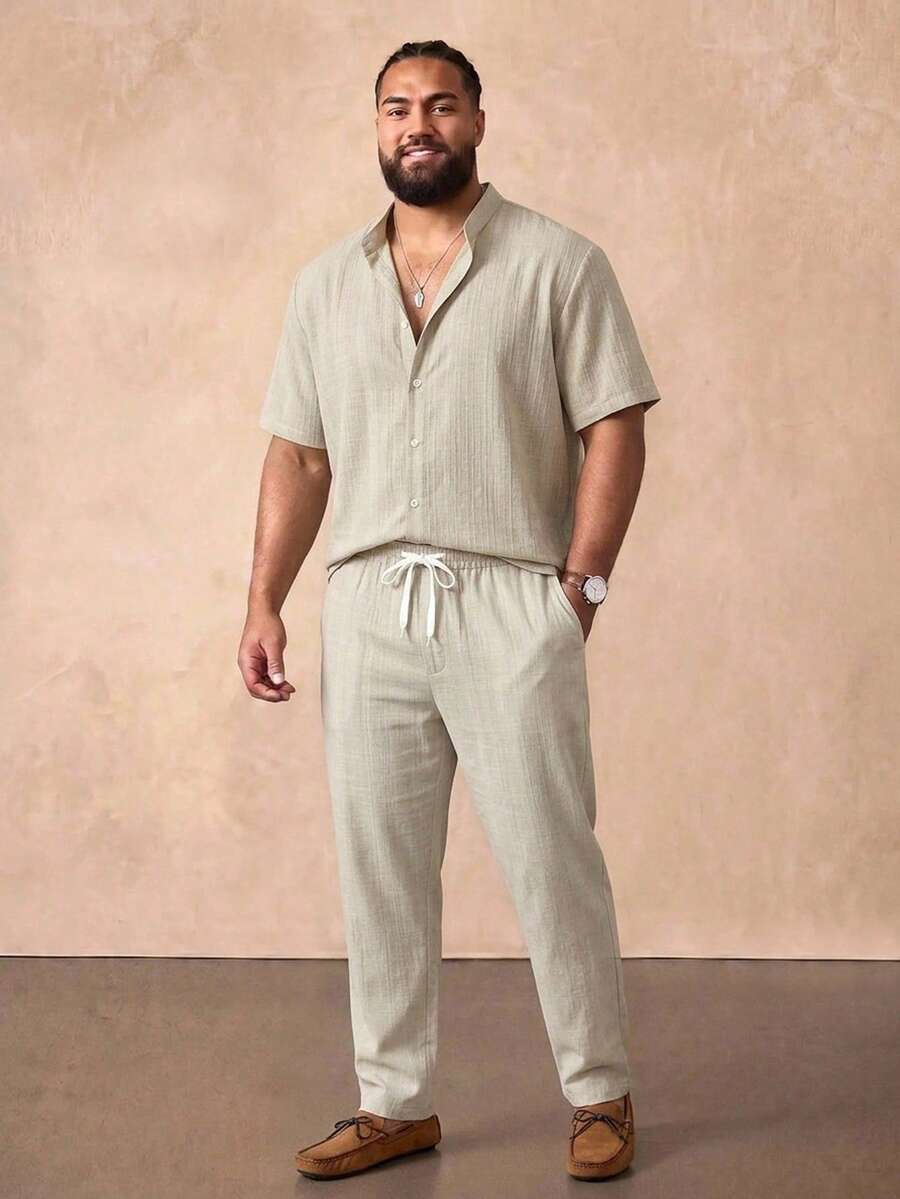 EASEVO Men's Plus Size Solid Color Short Sleeve Single-Breasted Shirt And Pants Casual Set - Apricot - View 1