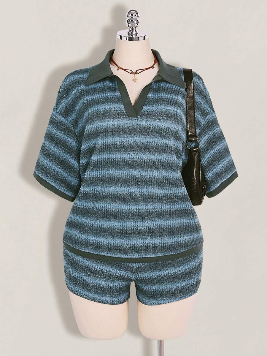 SHEIN ICON 大码女式条纹短袖T恤和短裤休闲套装 - 藍色 - 查看 1