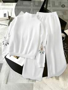 SHEIN Tween Girls 2pcs/Set Fall Set Floral Butterfly Zip Jacket Wide Leg Pants Outfit, Cute, Casual - White - View 2