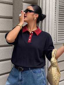 Livesso 對比色拼接寬鬆條紋 Polo 領中袖休閒夏季大尺碼女款 T-shirt - 黑色 - 查看 5