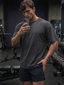 GymBeat 男士素色短袖休閒健身運動T恤，健身房夏季款 - 深灰色 - 查看 3