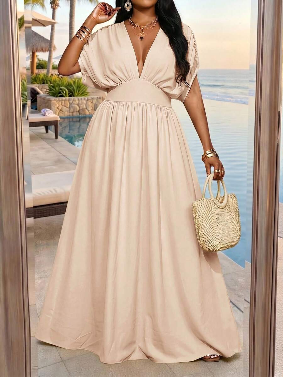 SHEIN Lady CURVE 大尺碼女款素色深V領百褶休閒派對度假婚禮賓客旅行洋裝 米色 夏季 - 杏色 - 查看 1