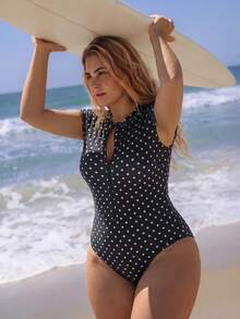 Swim SPRTY New Women's Summer/Fall Zipper Polka Dot Print Beach Party Vacation Plus Size One-Piece Swimsuit Black Polka Dot Rash Guard Sports Sexy Modest - Multicolor - View 4