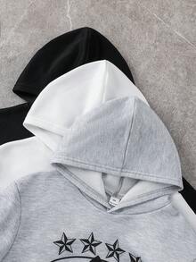 SHEIN 3套買3送3兒童青少年男孩休閒百搭星星圖案連帽衫與運動長褲套裝，黑色連帽衫、白色連帽衫、麻灰色連帽衫，百搭下裝，適合秋冬、學校、家庭聚會、度假、派對，秋季穿搭冬季穿搭 - 彩色 - 查看 6