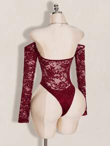 SHEIN ICON 女款蕾絲露肩性感百搭長袖連身衣 - 酒紅色 - 查看 7