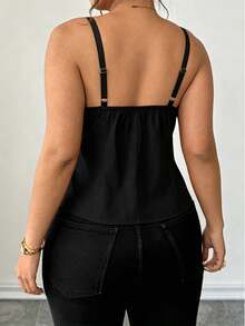 Elenzga Plus Size Elegant Casual Solid Color Spaghetti Strap Camisole, Hemline Split Button Design, Suitable For Daily Wear, Beach Vacation, Date, Party, Spring/Summer - Black - View 2