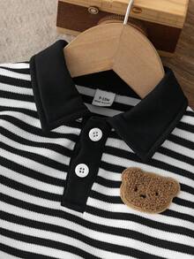 SHEIN Playful Pals 2pcs Toddler Baby Boy Kids School Striped Bear Graphic Long Sleeve Polo Collar Soft Thick Sweatshirt Pants Two Piece Set Outfit Daily Fall Clothes - Multicolor - View 4