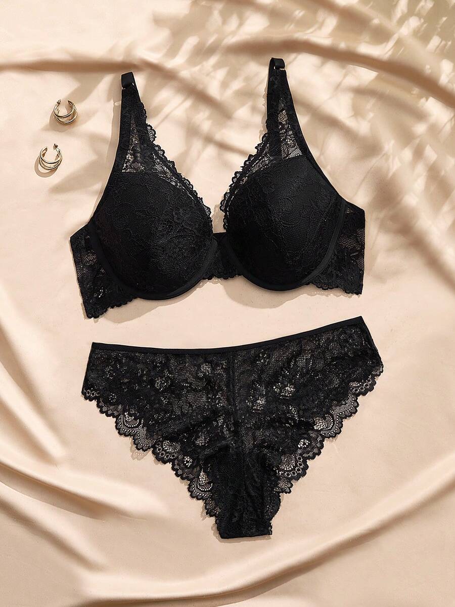 Charlaine French Sexy Plus Size Lingerie Set, Lace & Cotton Underwire Bra, Minimizing Effect For Large Bust, Lace Triangle Panty With Pure Cotton Crotch, 2-Piece Set - Black - View 1