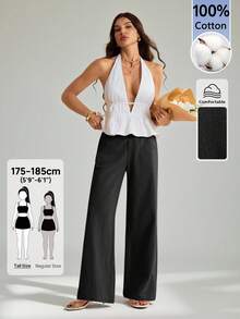 SHEIN Tall 100%水洗棉低腰直筒長褲，適合高個女性 - 黑色 - 查看 7