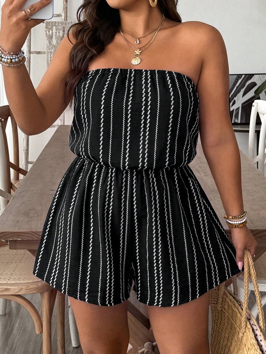SHEIN VCAY Plus Floral Print Tube Romper Spring Summer Women - Black and White - View 1