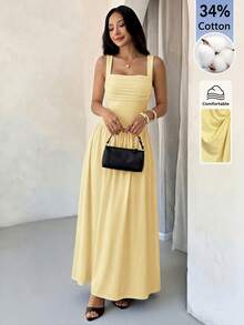 SHEIN PETITE 女款素色百褶方領無袖優雅洋裝 - 黃色 - 查看 3