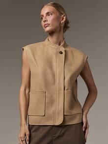 COSMINA Women's Elegant Modest Minimalist Street Style Double Pocket Button-Up Vest Jacket Camel Zipper Front Design Summer Office - Khaki - View 1