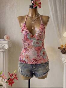 Glamine 女款綠色亮片刺繡細肩帶綁帶露背上衣，時尚性感度假風夏季上衣 - 粉色 - 查看 9
