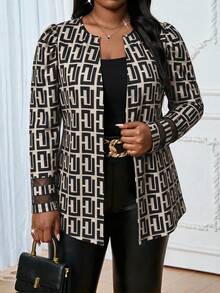 SHEIN Lady Plus Size Women's Geometric Print Long Sleeve Open Front Jacket Fall - Multicolor - View 4