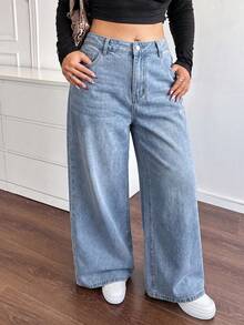 Dripcurv Plus Size Casual Loose Fit Washed Wide Leg Denim Jeans Formal Vacation Light Blue Summer - Light Wash - View 4