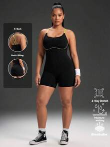 Powerista Women's Plus Size Backless Halter Neck Fitted Sports Romper - Black - View 2