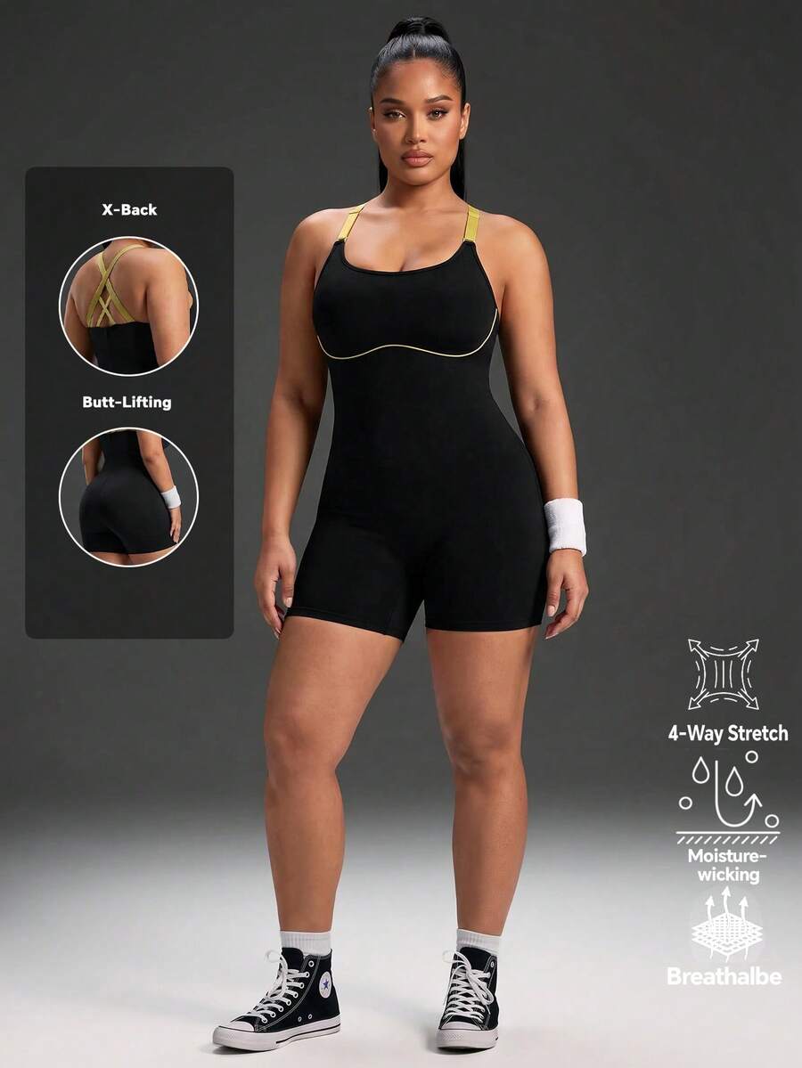 Powerista Women's Plus Size Backless Halter Neck Fitted Sports Romper