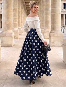 Anewsta Fall Classic 1960s Vintage Elegant Retro Polka Dot Holiday Party A-Line Skirt For Women Blue - Navy Blue - View 2