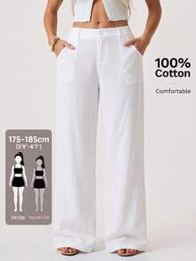 SHEIN Tall 100%水洗棉低腰直筒長褲 - 白色 - 查看 1
