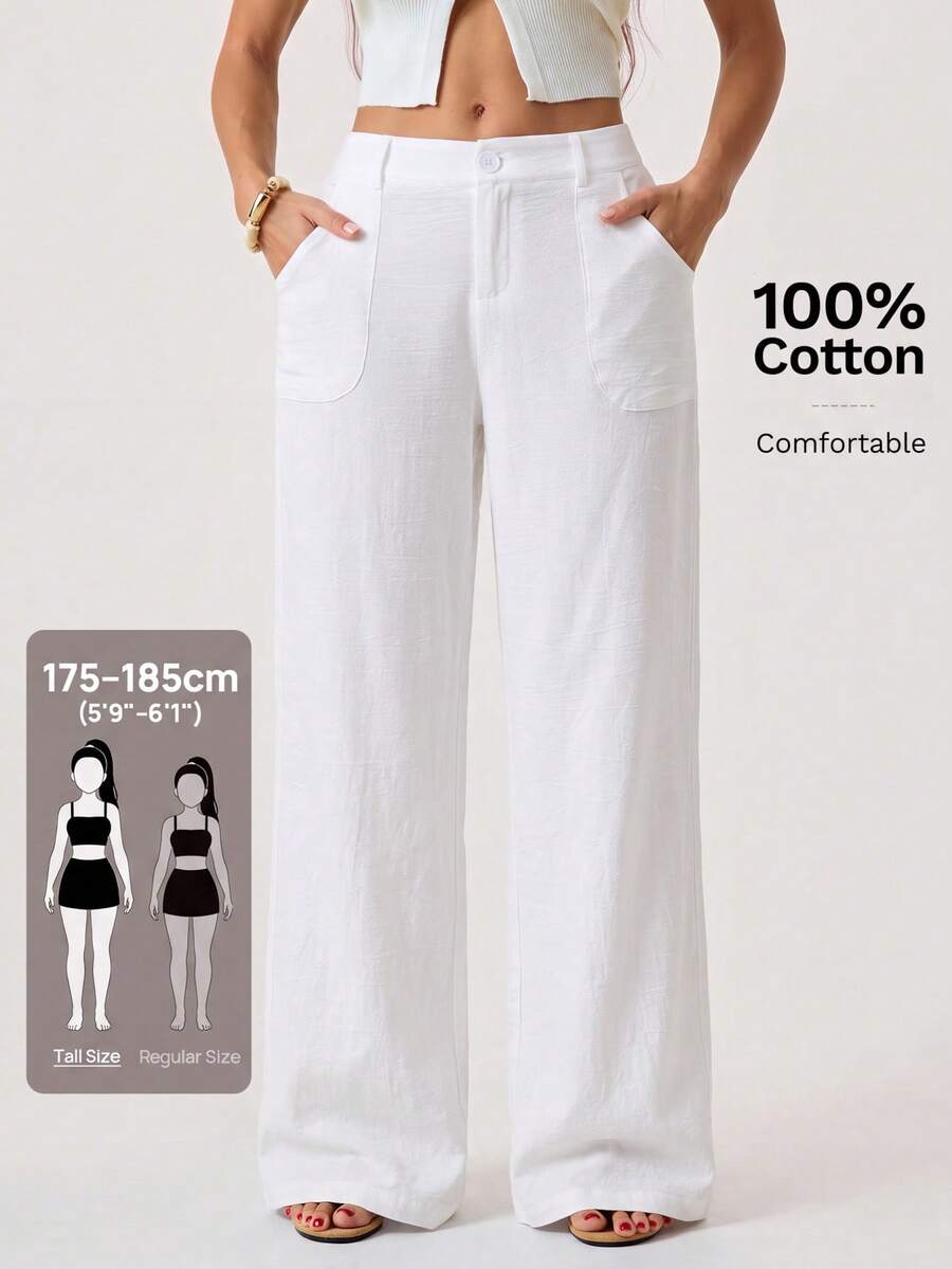 SHEIN Tall 100%水洗棉低腰直筒長褲 - 白色 - 查看 1