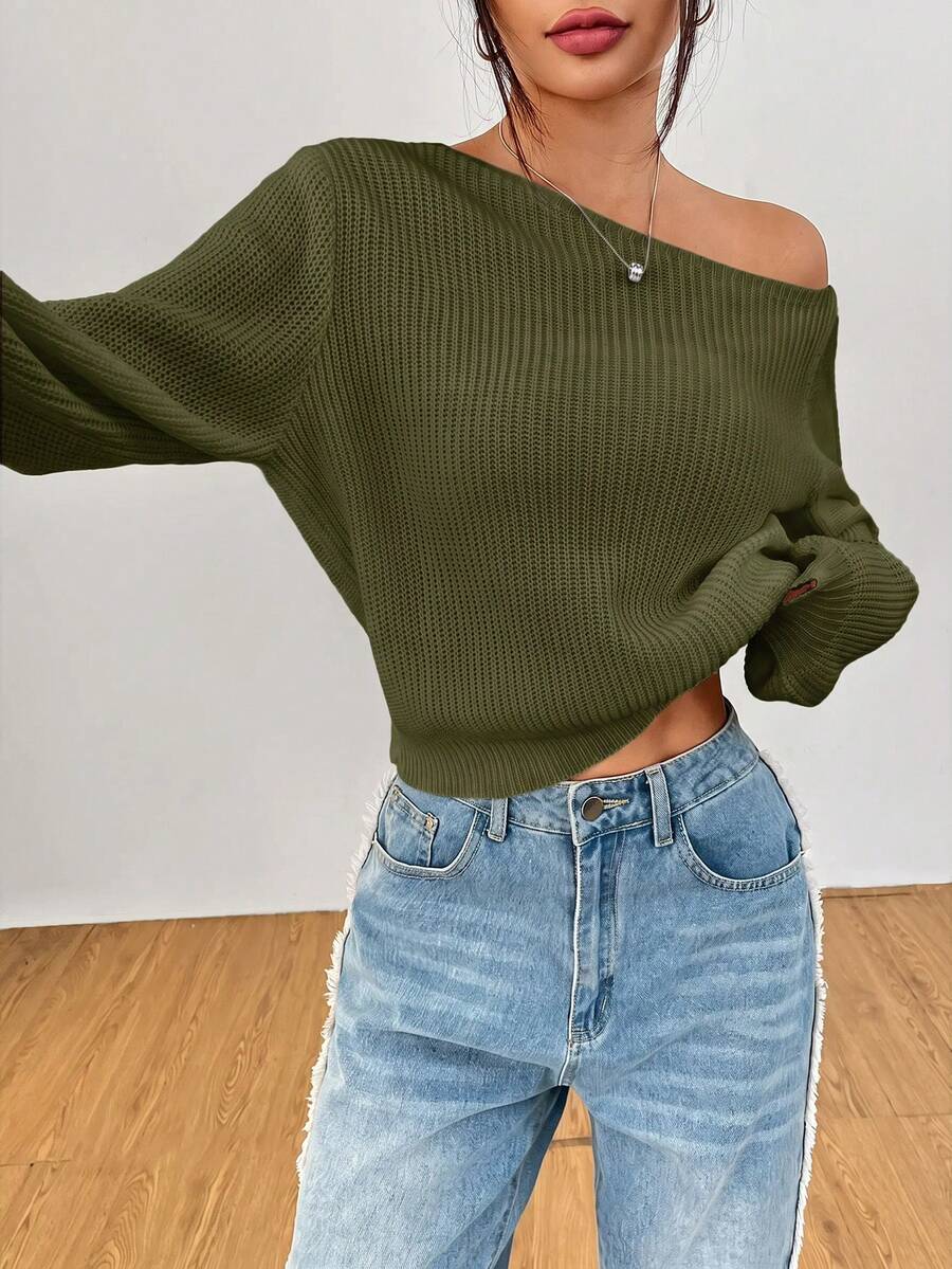 SHEIN PETITE 女款橄欖綠長袖套頭毛衣 可披肩穿著 早午餐秋季休閒風 - 軍綠色 - 查看 1