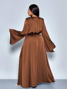 SOLERSUN Plus Size Women's Fashion Solid Color Satin Shiny Fabric Round Neck Elastic Waist Slimming Elegant Exquisite Loose High-End Temperament Light Luxury Long A-Line Big Flared Long Sleeve Dress, Maxi Dress, Daily Commuting All-Match Women's Clothing, New Style, Music Festival, Party, Birthday Party, Solid Color Dress, Christmas, New Year, Fall, Winter,Modest - Brown - View 5