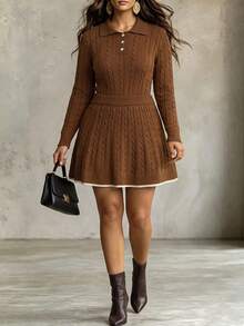 Linhara CURVE Plus Size Women's Knit Sweater & Skirt Set With Shell Buttons, Solid Color Ribbed Collar, Elegant Casual Style For Daily Commute, Office And Vacation - Khaki - View 4
