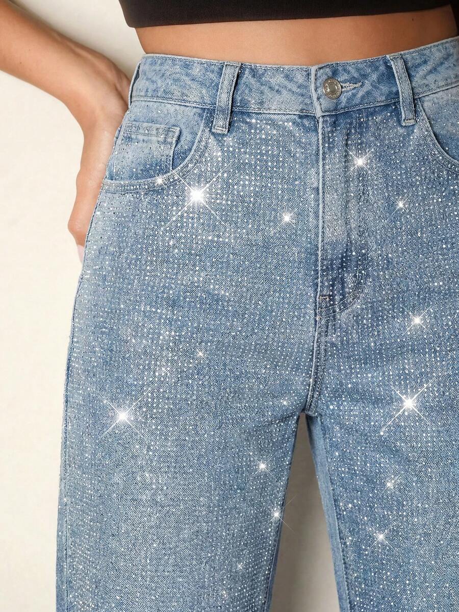 Anewsta Heavy Rhinestone Embellished Washed Light Blue Denim Jeans Going Out Night Club Club Night Night Out Fall Casual 90s Themed 80's Streetwear - Blue - View 1