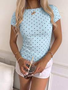 CovetEZ Casual French Minimalist Sexy Light Blue Polka Dot Short Sleeve T-Shirt, Suitable For Spring And Summer, Brunch - Baby Blue - View 3