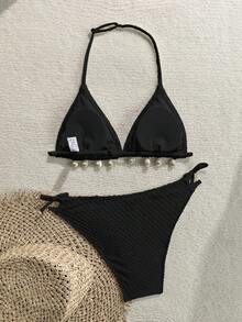 Kids Teen Girls Black Spaghetti Strap Textured Shell Decor Bikini Set,Summer Beach Holiday Backless Triangle Swimwear,Boho - Black - View 2